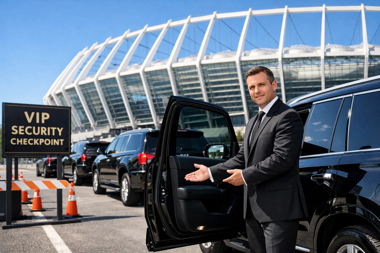 Professional VIP ground transportation and chauffeur service at a high-end sports stadium entrance.