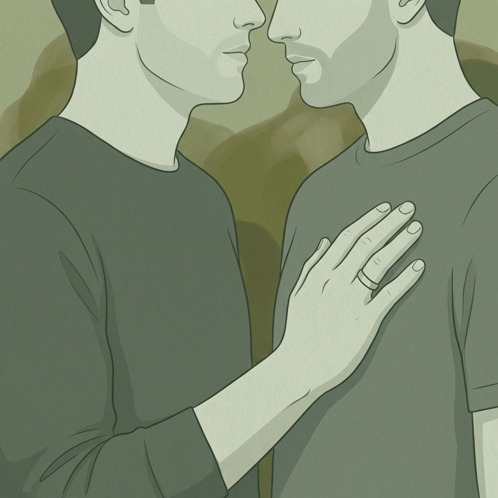 MM romance partners sharing grounding touch, calming first-time same-sex anxiety