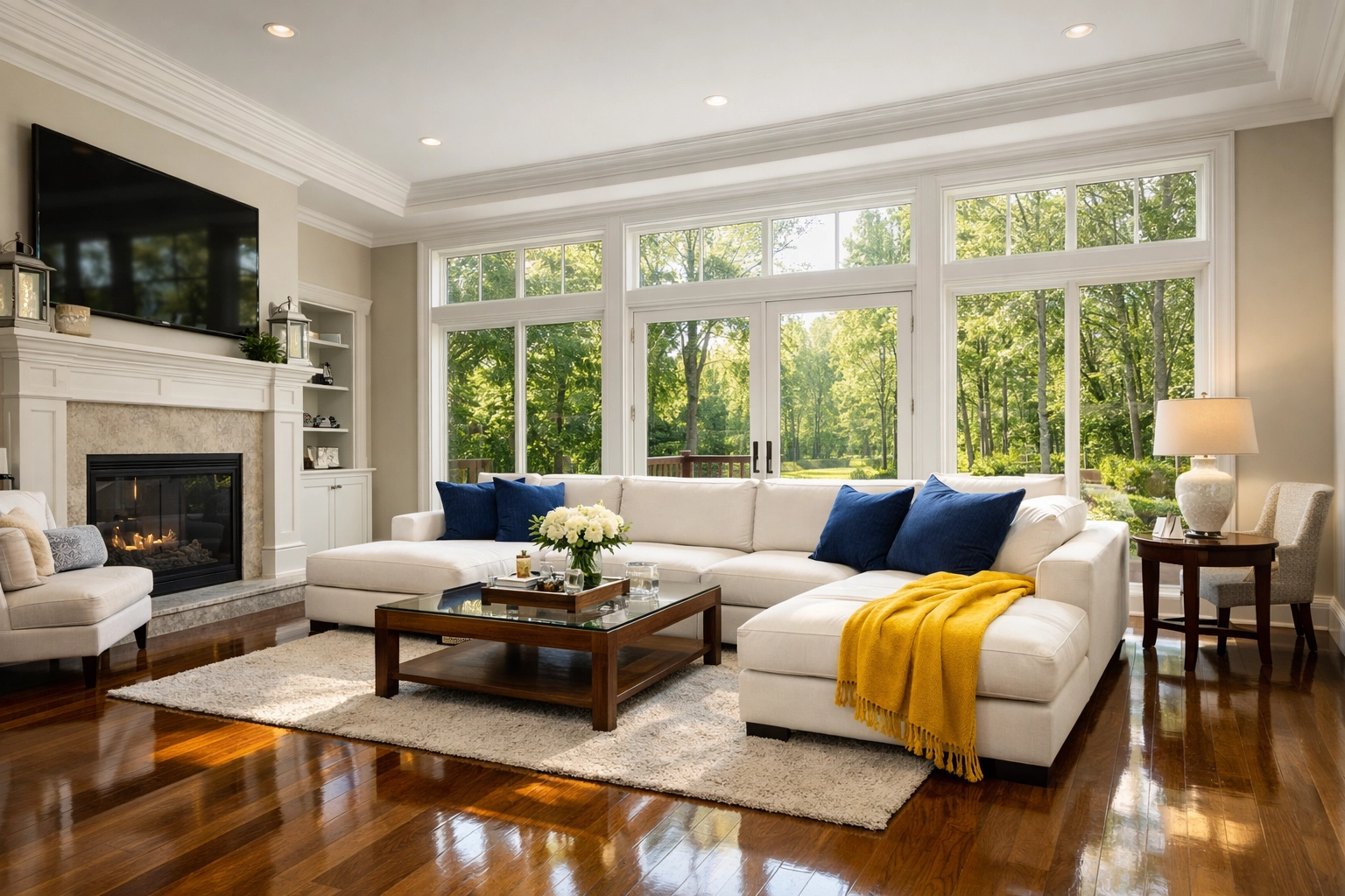 A clean and sun-drenched Westford living room with polished hardwood floors after a weekly house cleaning service.