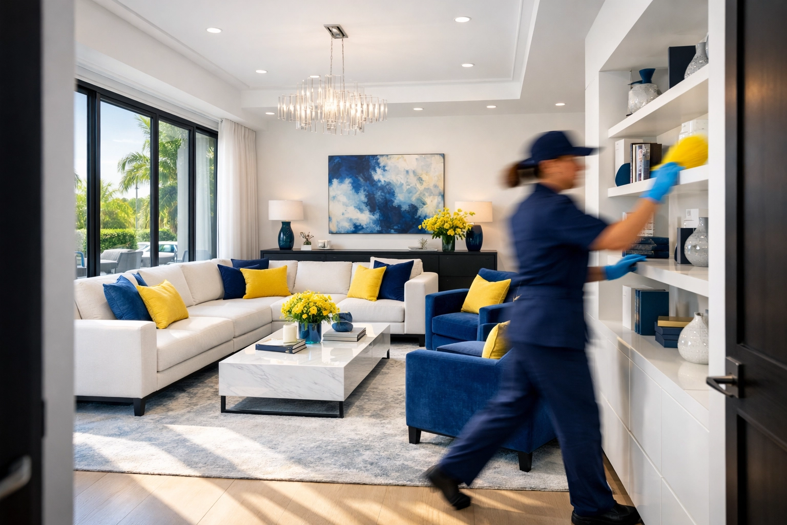 Professional house cleaner dusting a modern luxury living room as part of residential cleaning in Weston MA.