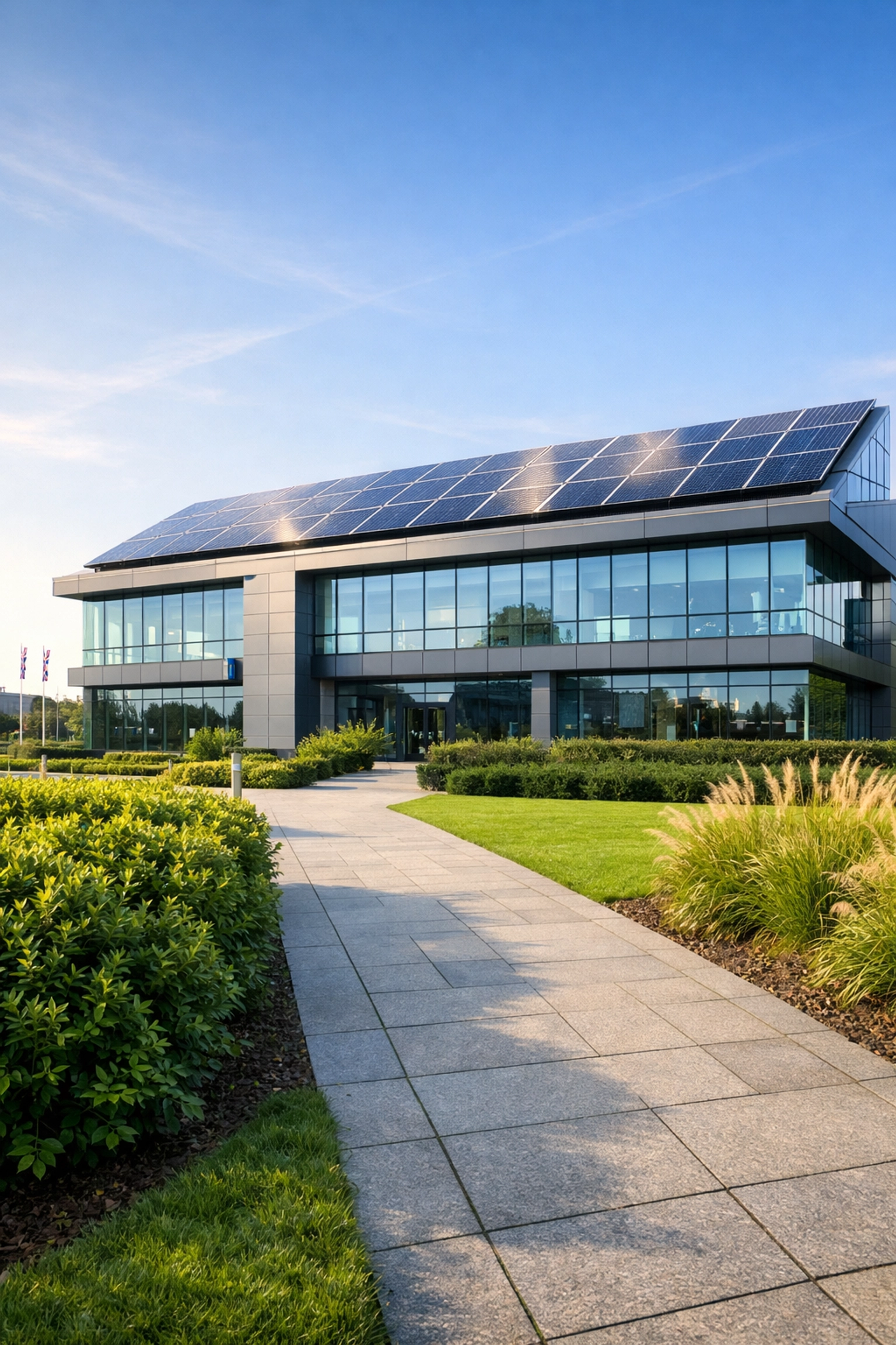 Modern UK office building featuring high-efficiency rooftop solar panels for business energy savings.