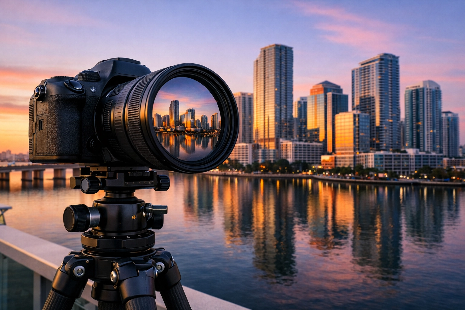 Professional camera on tripod overlooking the Brickell Miami skyline at sunrise for commercial photography.