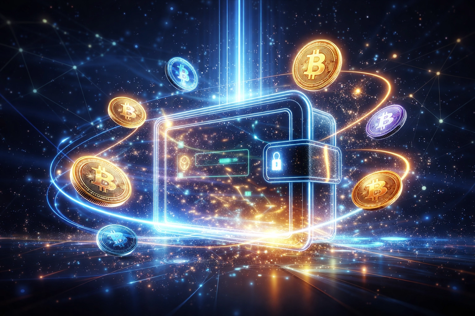 Digital crypto wallet with orbiting coins representing self-custody and fee savings for merchants