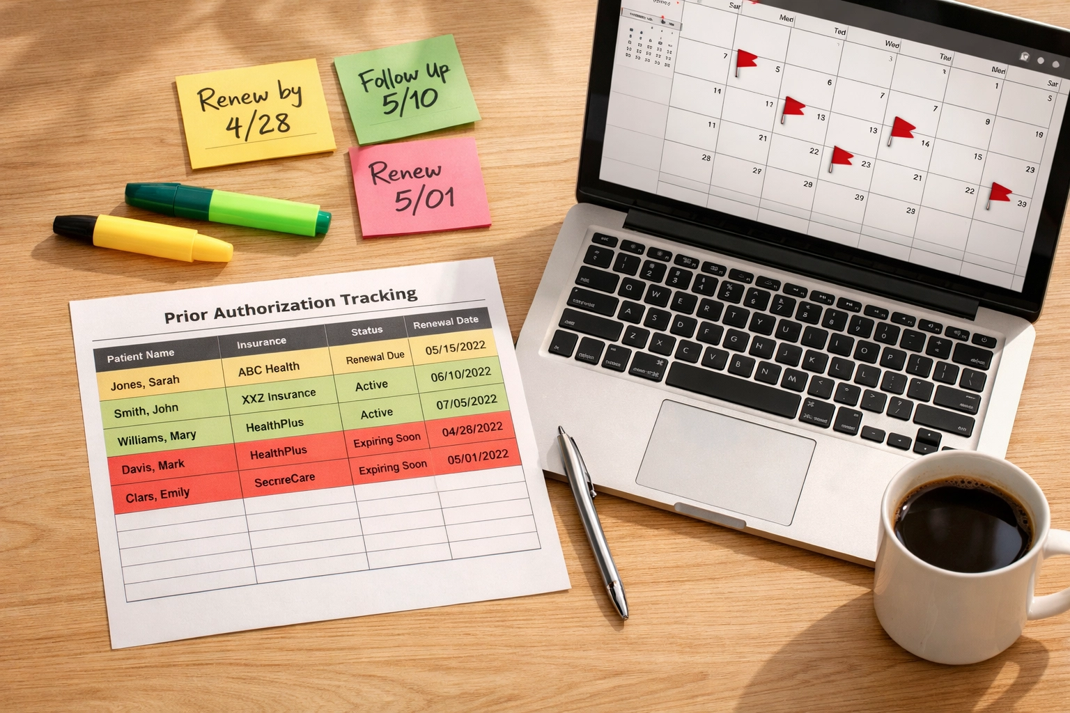 Prior authorization tracking system with color-coded spreadsheet for therapy practice