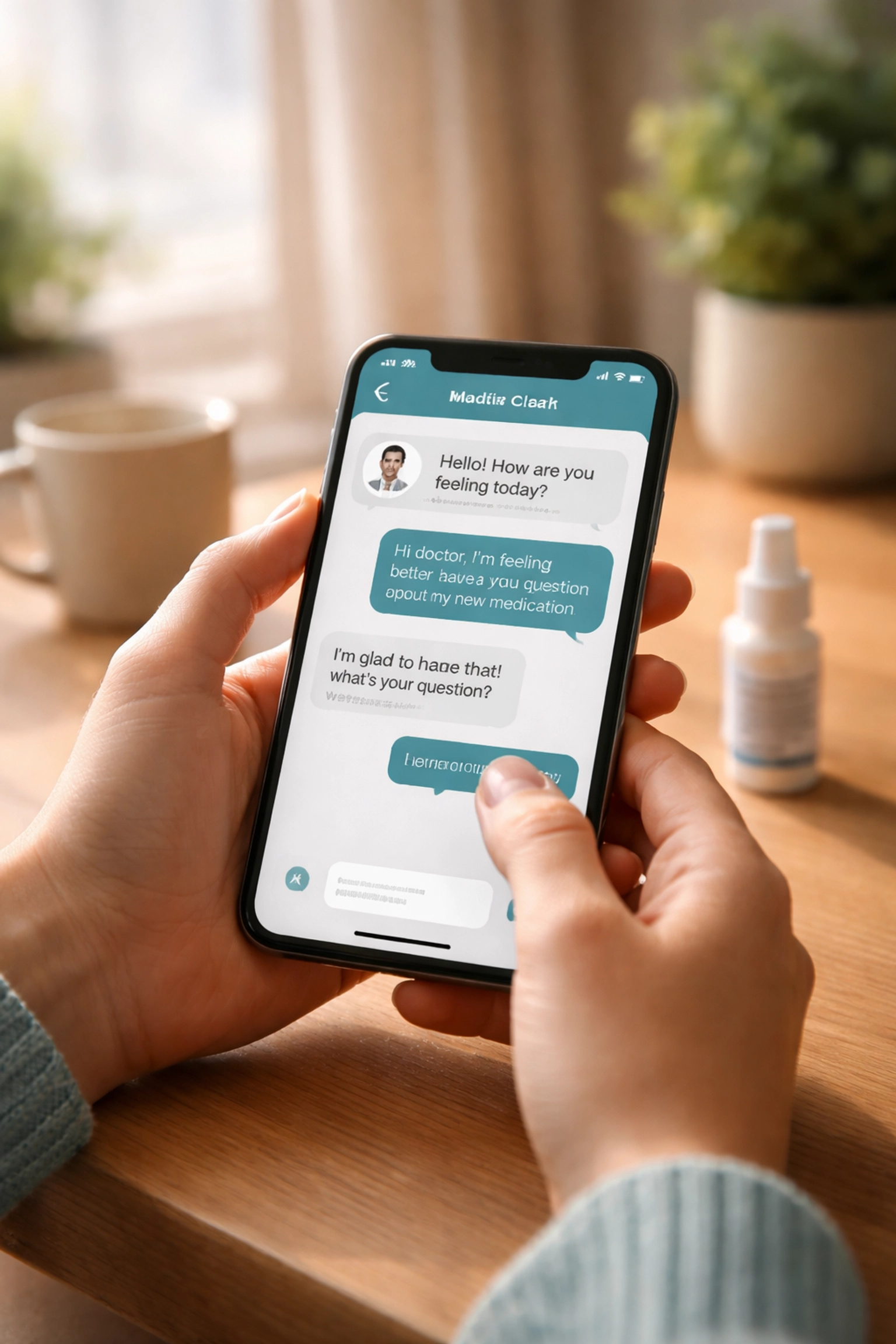 Hands holding a smartphone showing a medical chat for pink eye treatment, with prescription eye drops and pill bottle on table