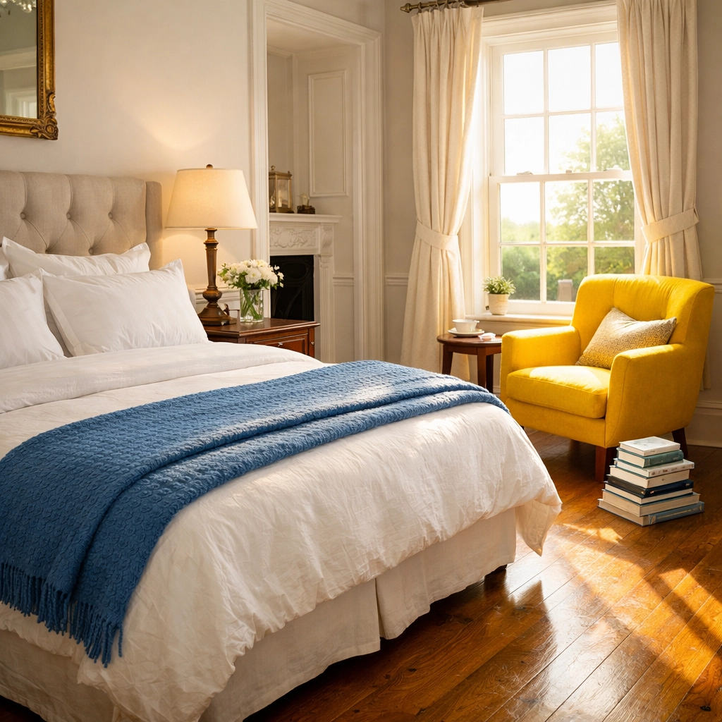 Immaculate sunlit bedroom with clean hardwood floors, the result of bi-weekly house cleaning in Winchester.