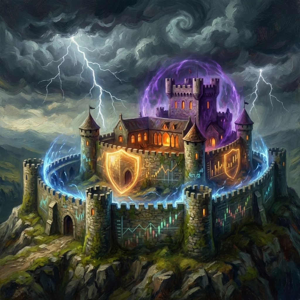Medieval castle with layered glowing walls symbolizing multi-layered risk mitigation strategies for investment protection