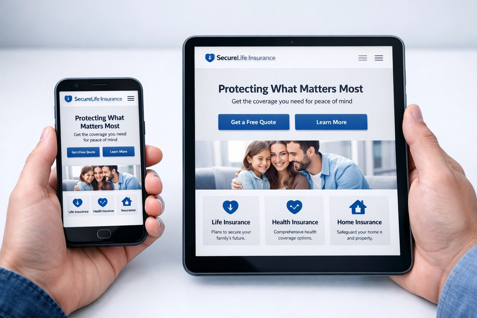 Responsive insurance website displayed on smartphone and tablet devices