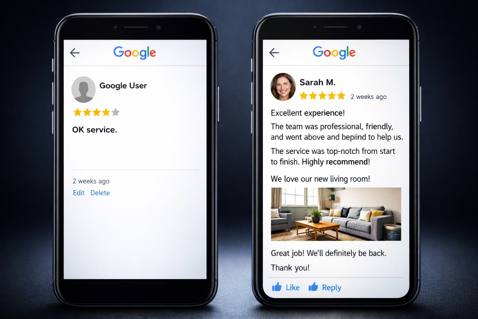 Comparison of anonymous Google User review versus verified customer review with profile photo