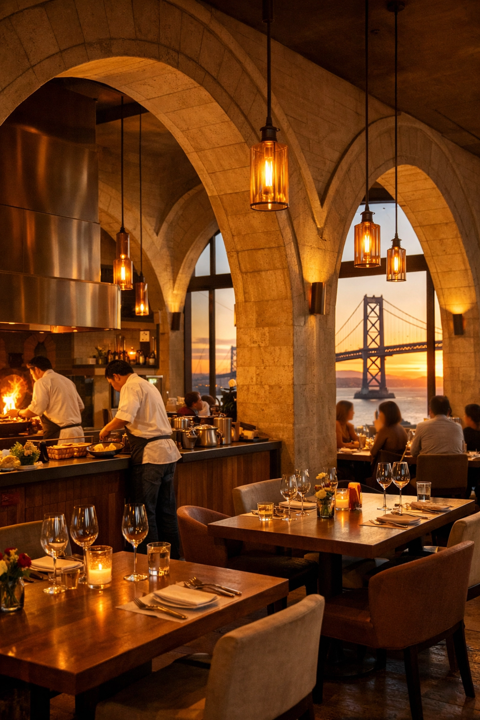 Arquet restaurant interior with open kitchen, architectural arches, and Bay Bridge views in San Francisco