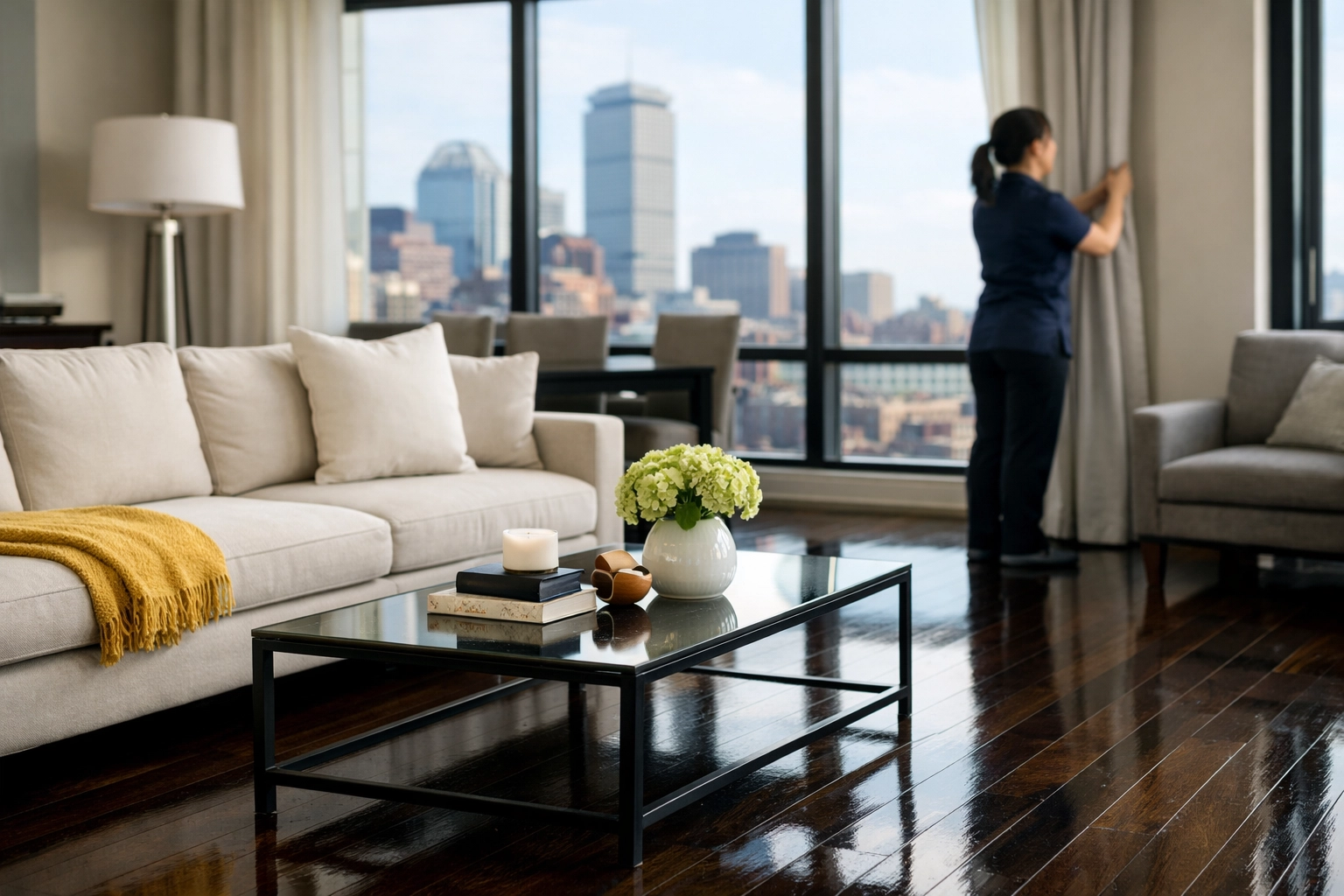 Spotless modern living room with polished hardwood floors after professional Apartment Cleaning Boston.
