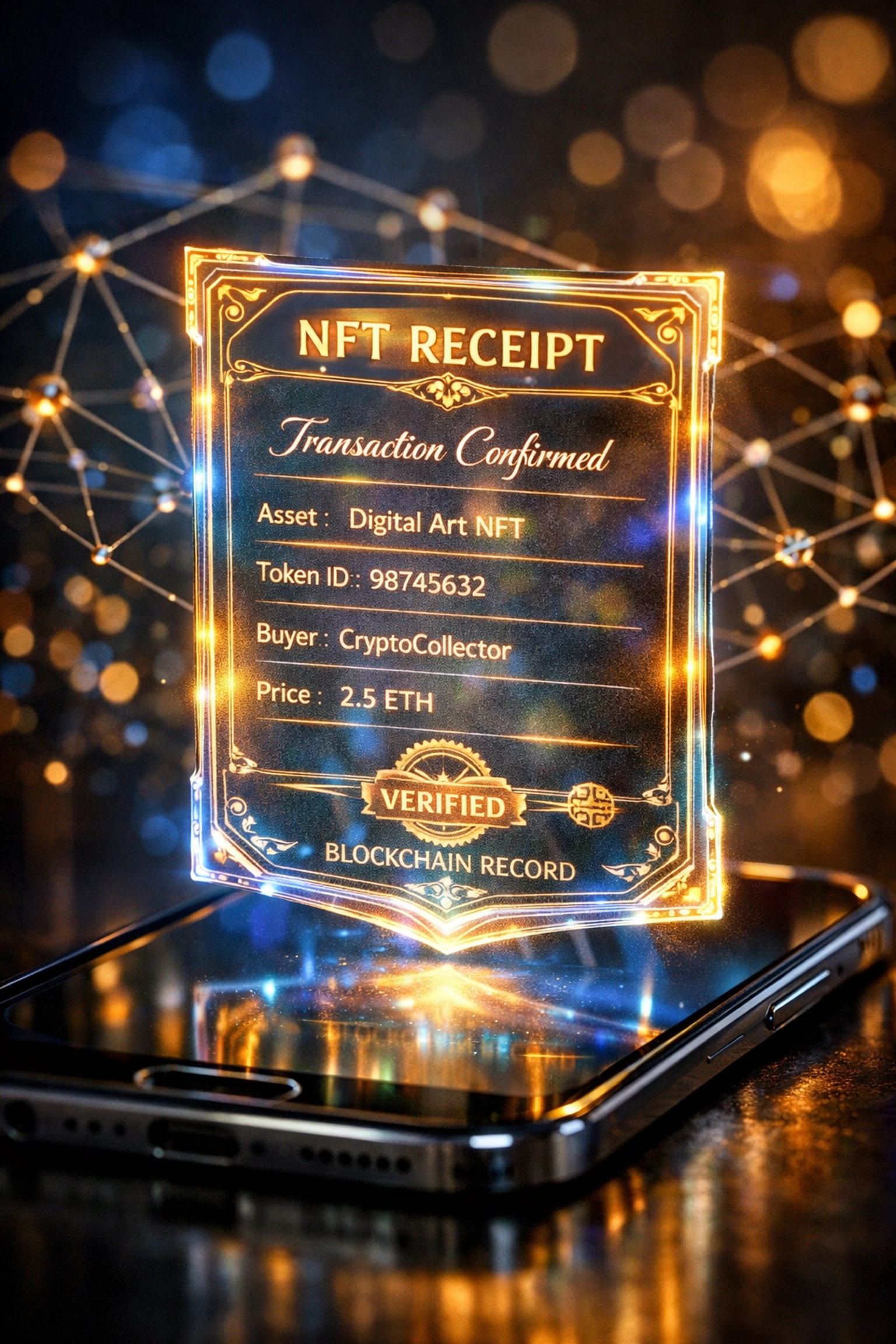 NFT receipt displayed on smartphone showing blockchain transaction proof and immutable record