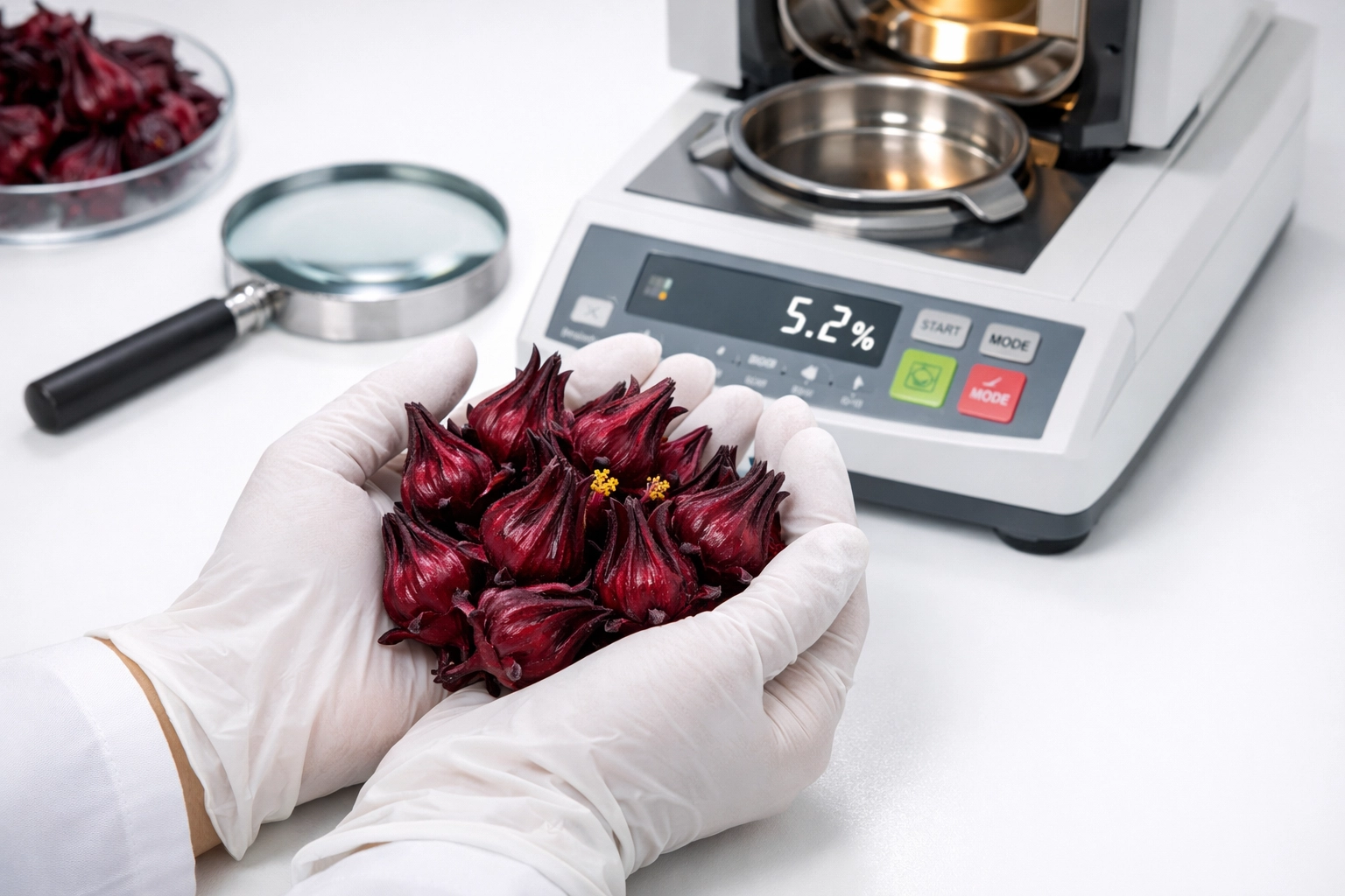 Professional quality control inspection of dark red hibiscus flowers for bulk export standards.