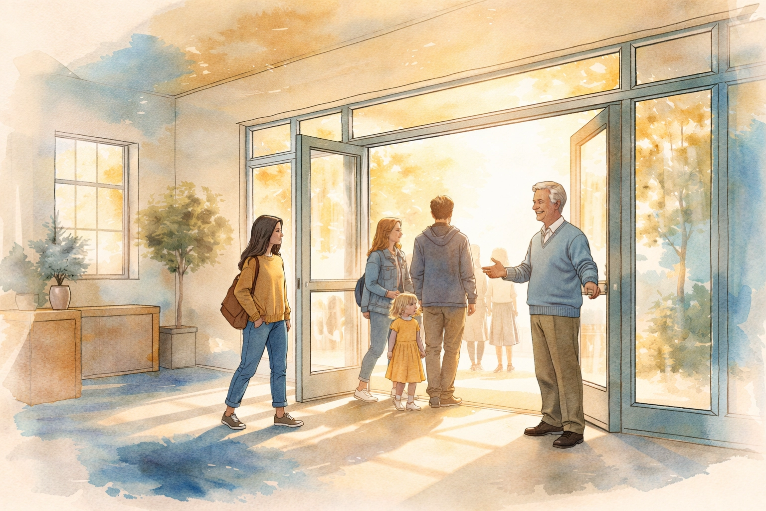 A watercolor illustration of a church greeter welcoming families and visitors in a sunlit lobby before Sunday service.