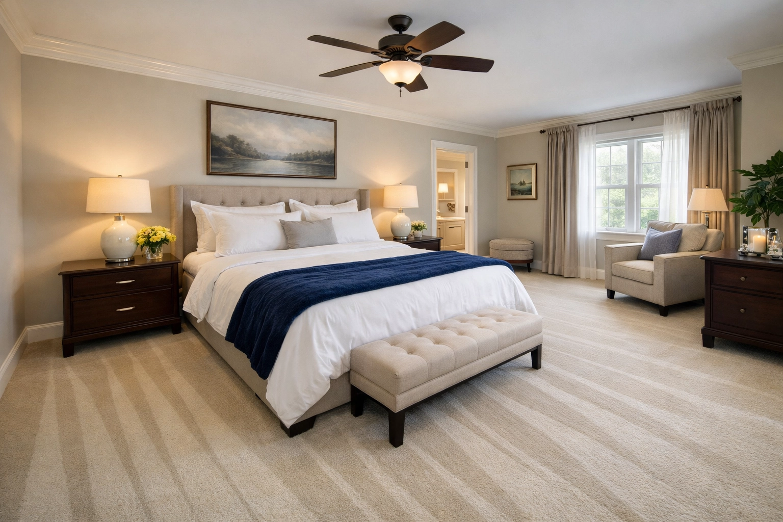 A tidy master bedroom with fresh vacuum lines and clean linens from a bi-weekly house cleaning service.