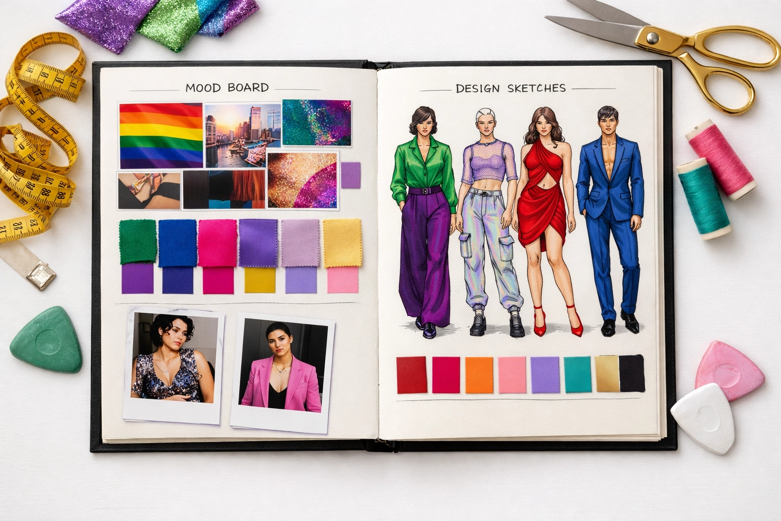 Fashion design portfolio featuring gender-fluid sketches and diverse style concepts