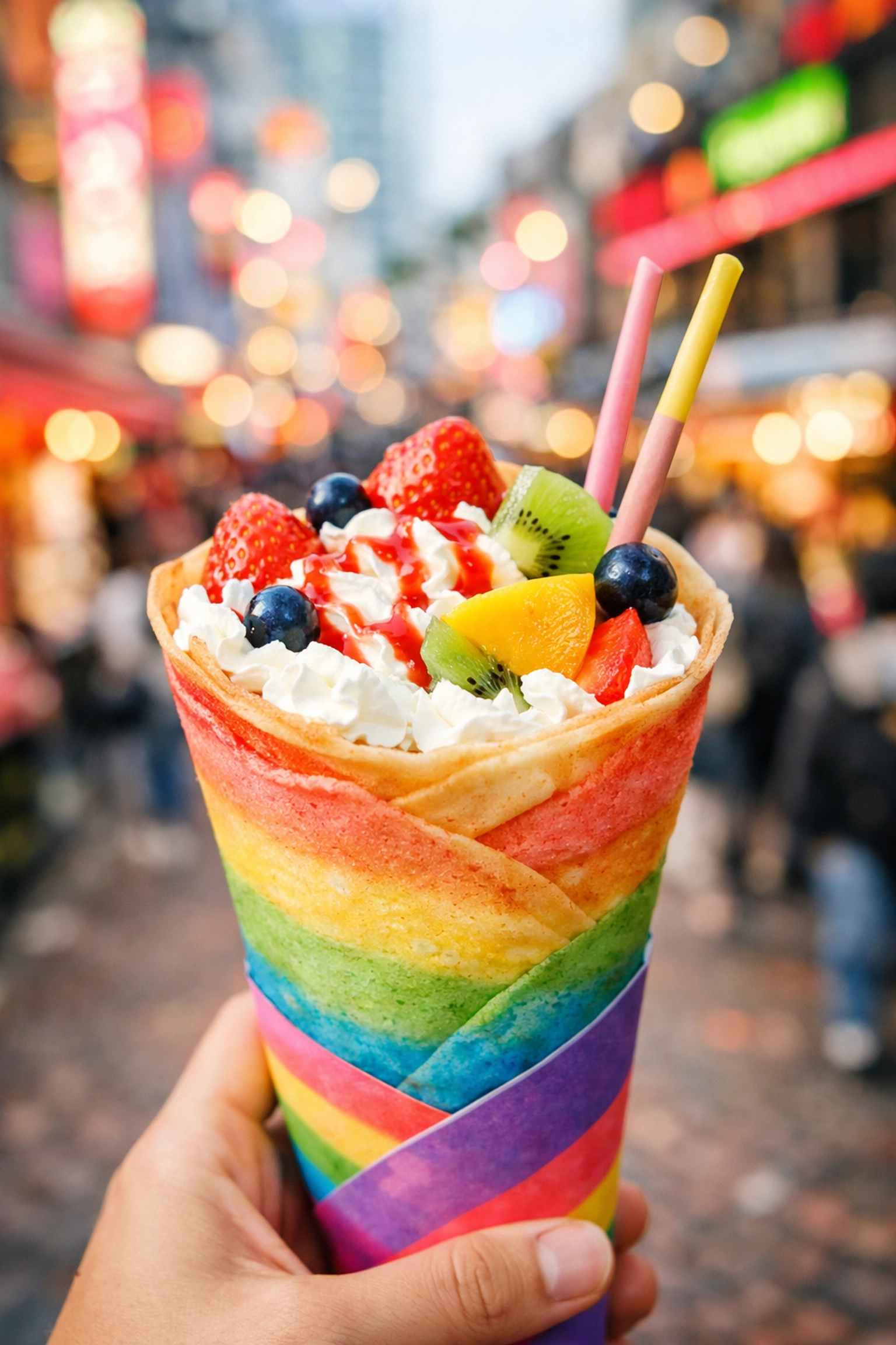 The Ultimate Guide to Tokyo Food Tours: Everything You Need to Succeed (and Stay Full) 2 A vibrant rainbow crepe filled with fruit, a popular Harajuku street food snack in Tokyo.