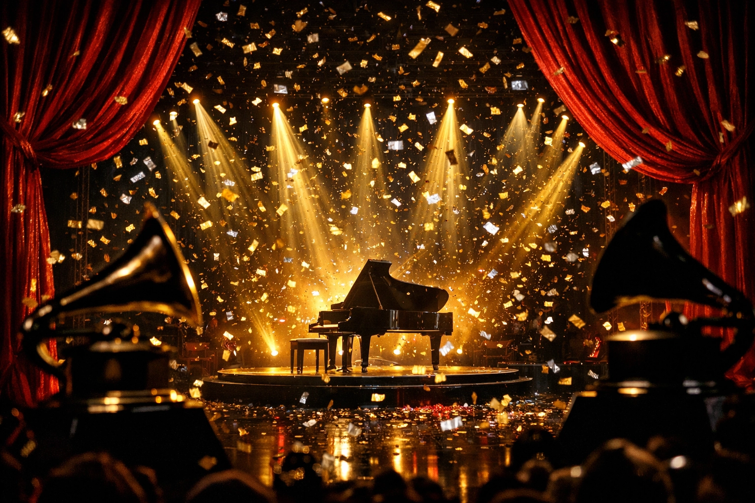 Grammy Awards stage with golden spotlights and confetti celebrating Bad Bunny and Lady Gaga