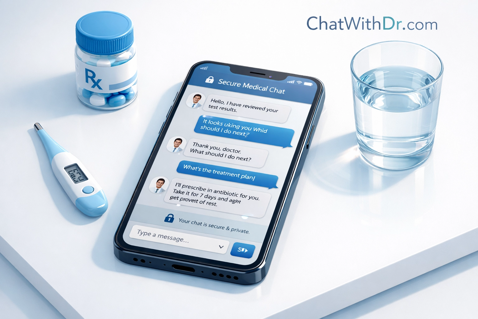 Secure text-based medical chat on a smartphone for online urgent care and prescription treatment.