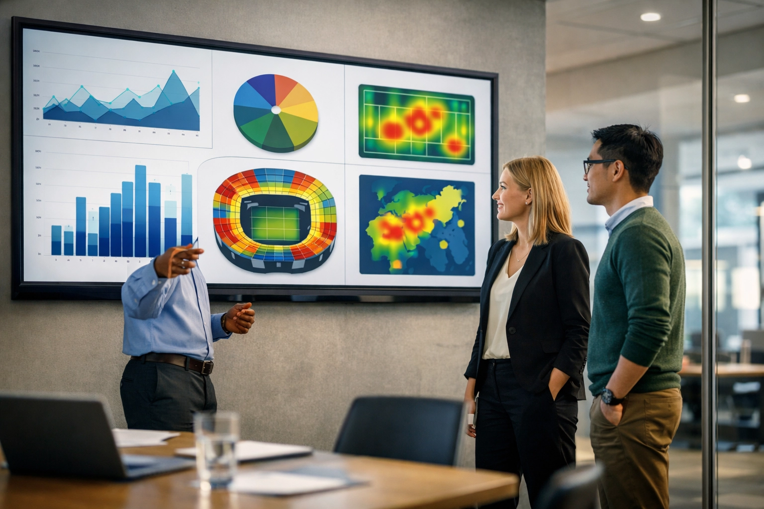 Marketing executives analyzing fan engagement data for strategic sponsorship activation in a sports agency office.
