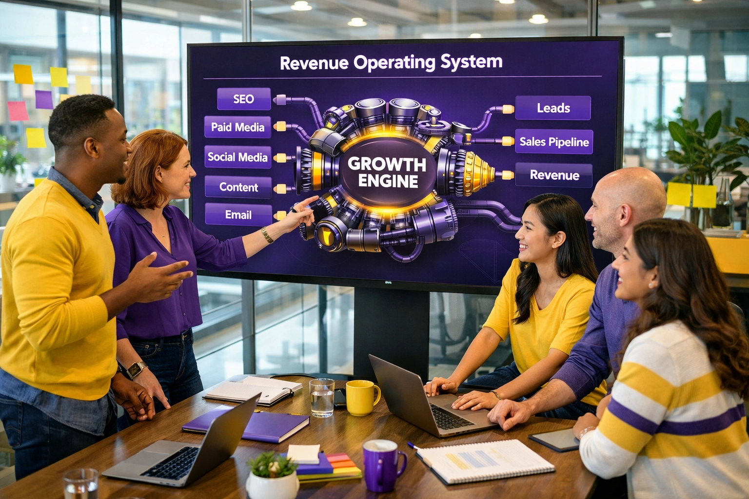 Professional marketing team collaborating on an integrated Revenue Operating System to drive business growth.