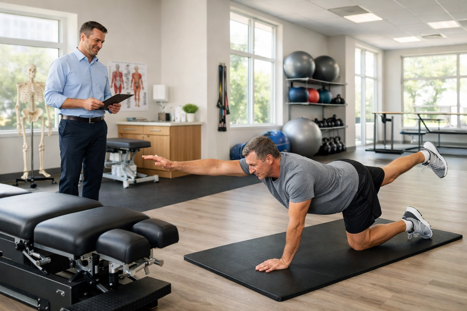 Patient performing therapeutic exercises for spine stabilization after a chiropractic adjustment in Houston, Texas.