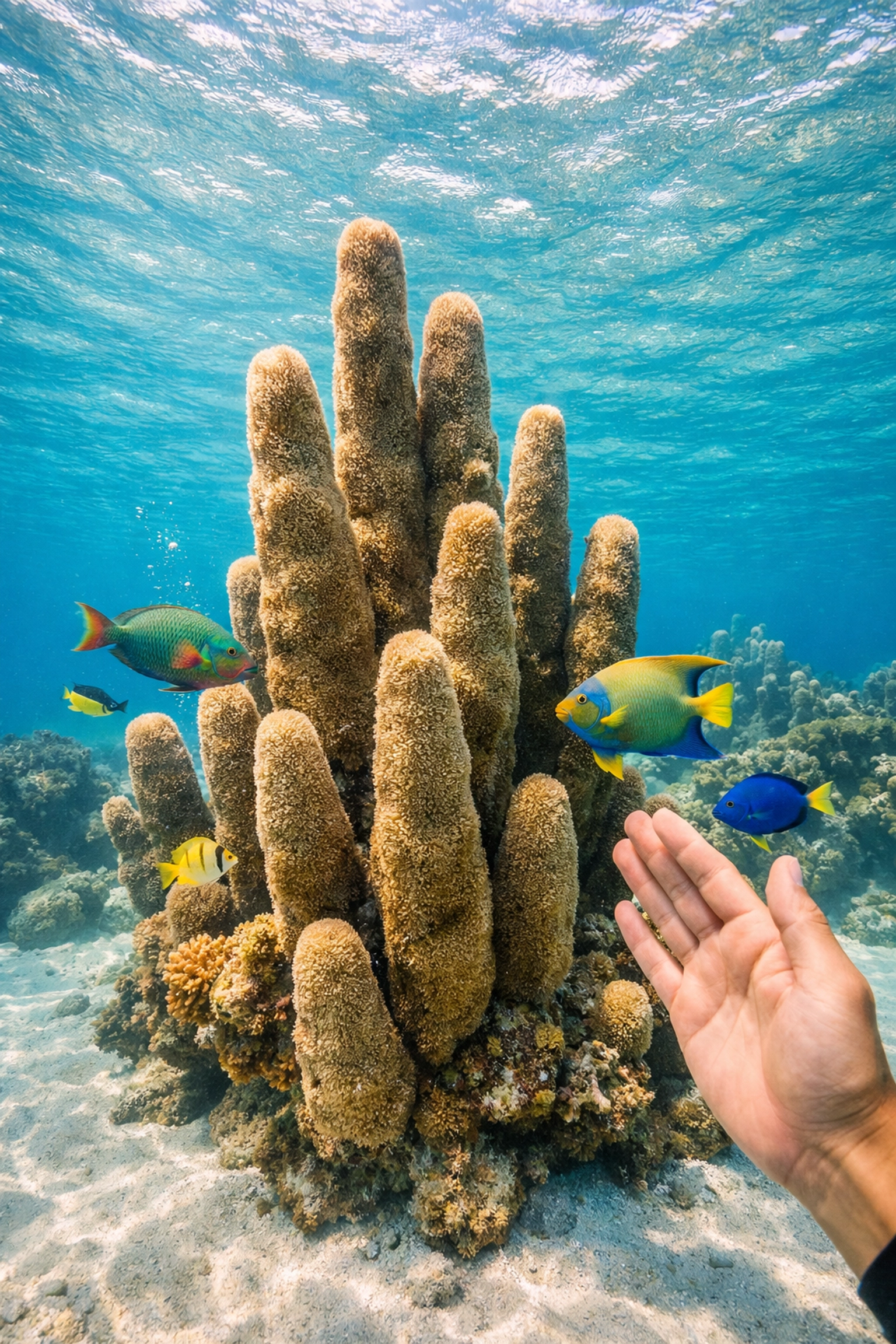 Rare pillar coral formations in Rincon, Puerto Rico surrounded by tropical fish