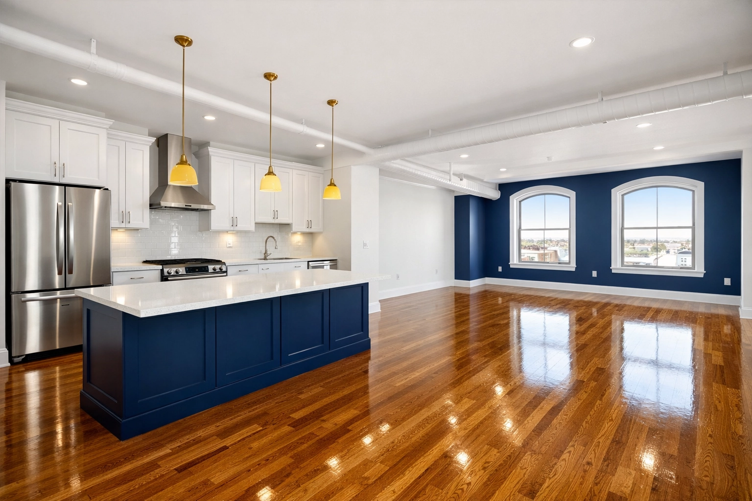 Spotless luxury kitchen and living area after a professional move-out cleaning Worcester service.