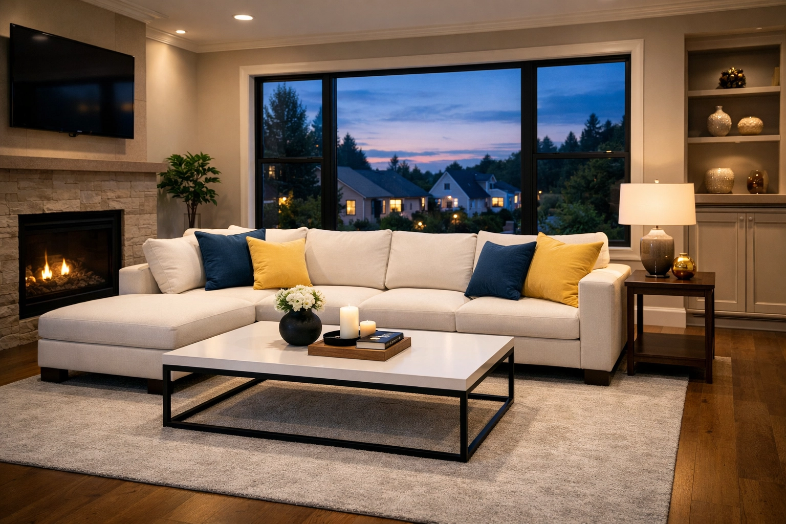 Organized living room in a Leominster home showing the results of residential cleaning maintenance.