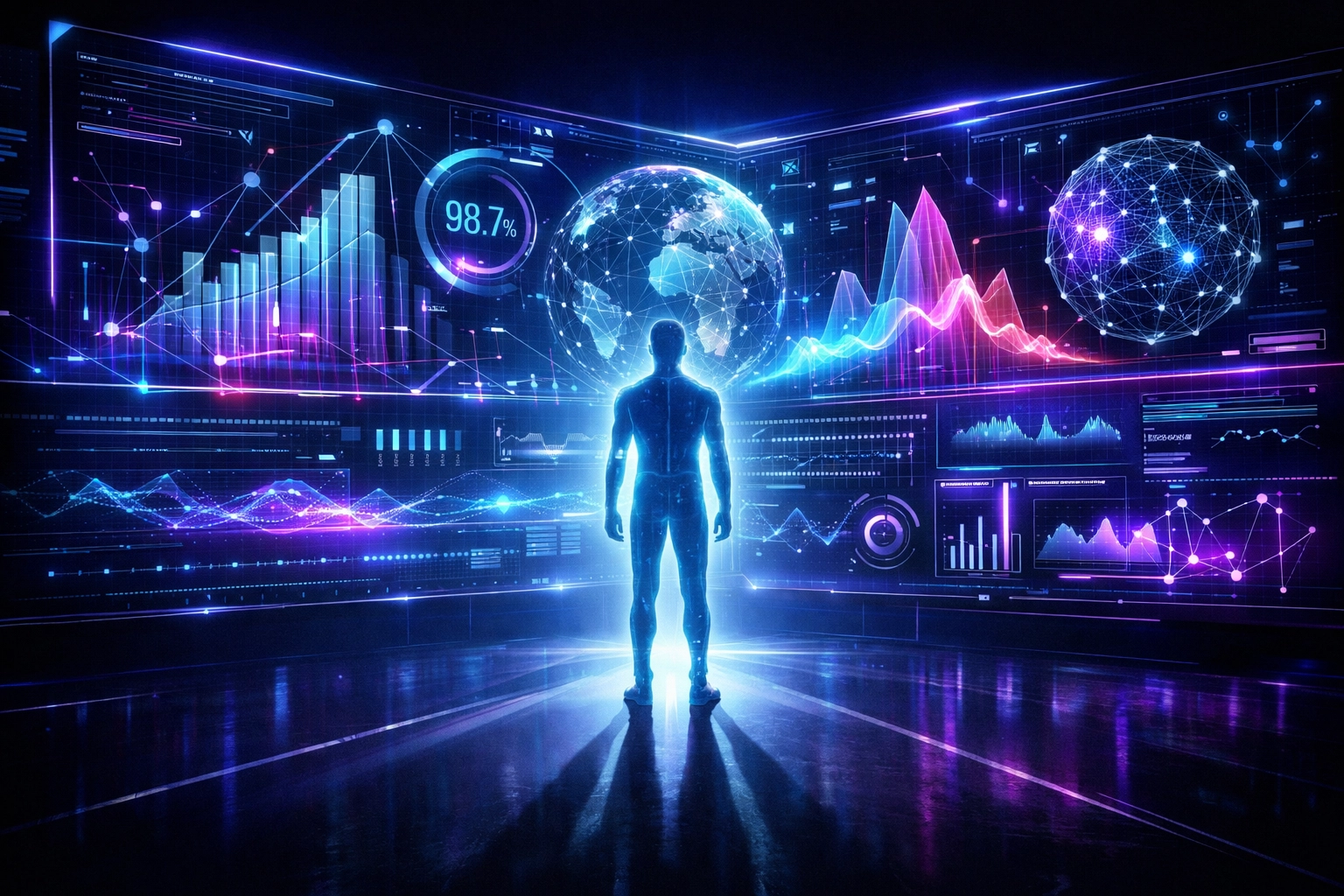 A student silhouetted against a futuristic data dashboard showing a high Readiness Score for AI assessments.