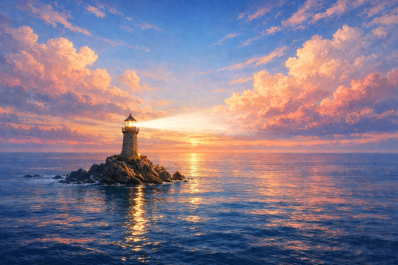A lighthouse guiding through calm waters at dawn, symbolizing spiritual guidance and peace in trials.