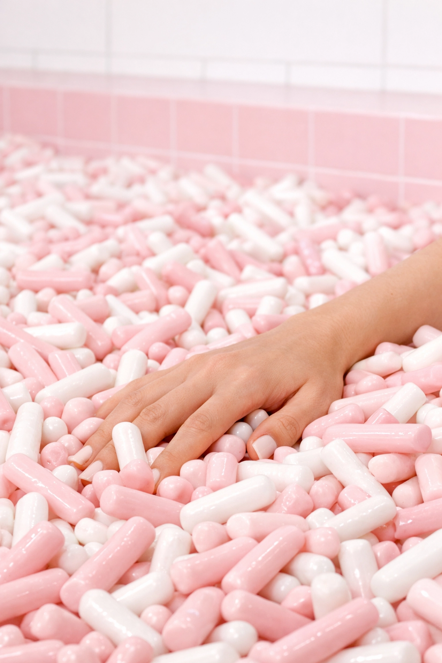 A close-up of the playful pink and white sprinkle pool at the Museum of Ice Cream in Miami.
