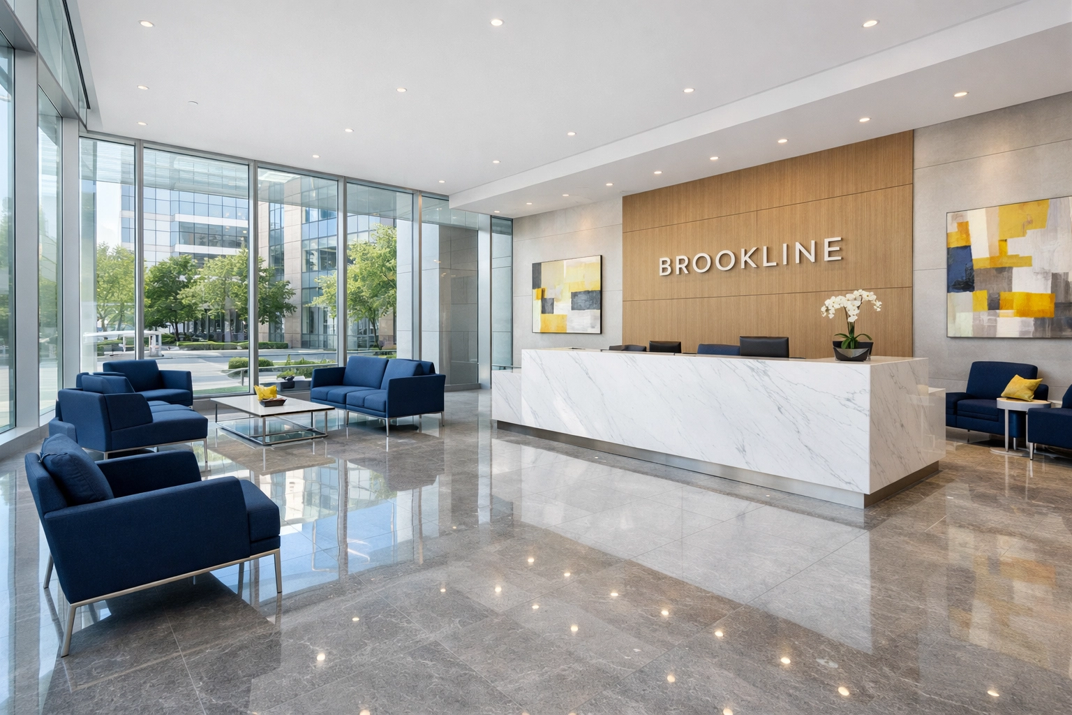 Pristine commercial reception showing high-end janitorial services in Brookline for a professional look.
