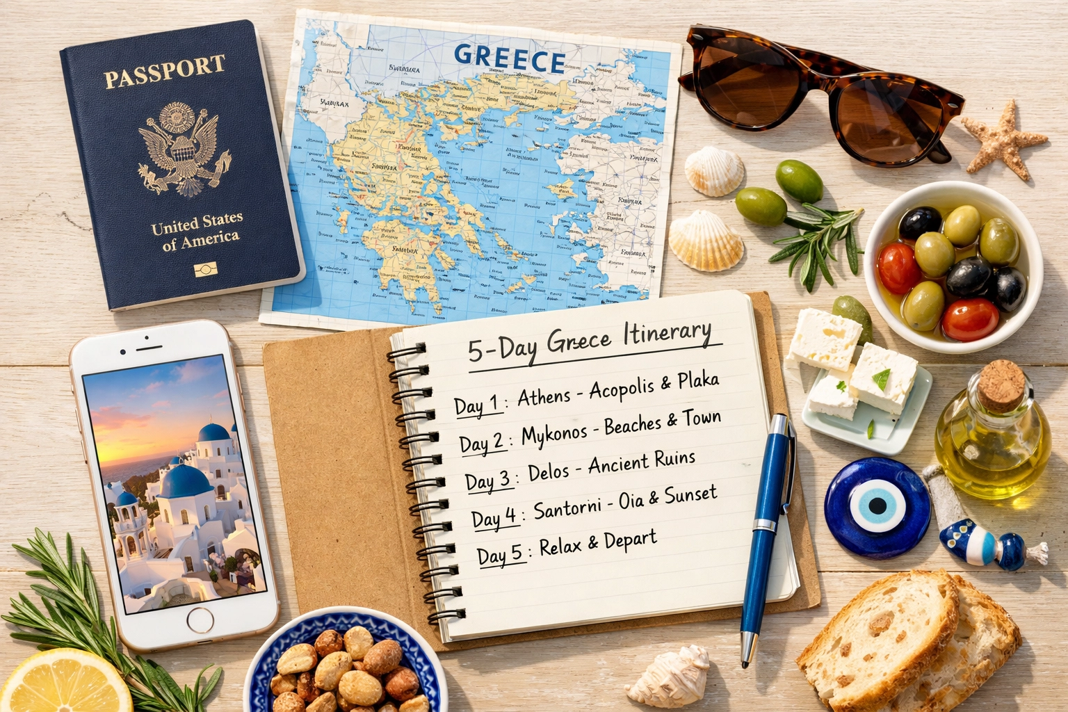 Five-day Greece travel itinerary flat lay with passport, map, and Mediterranean themed items