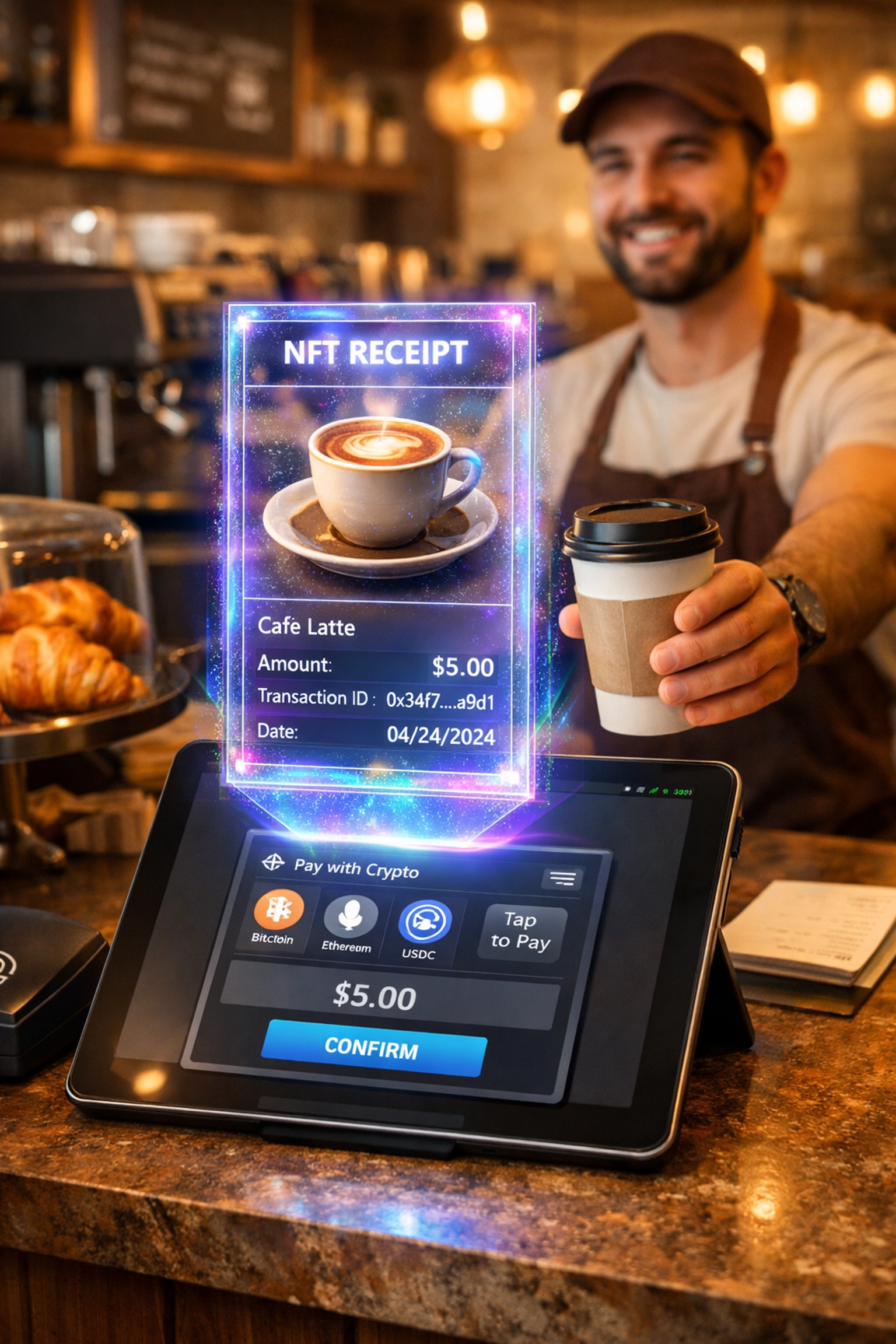 Small business coffee shop using Larecoin crypto POS with NFT receipt technology