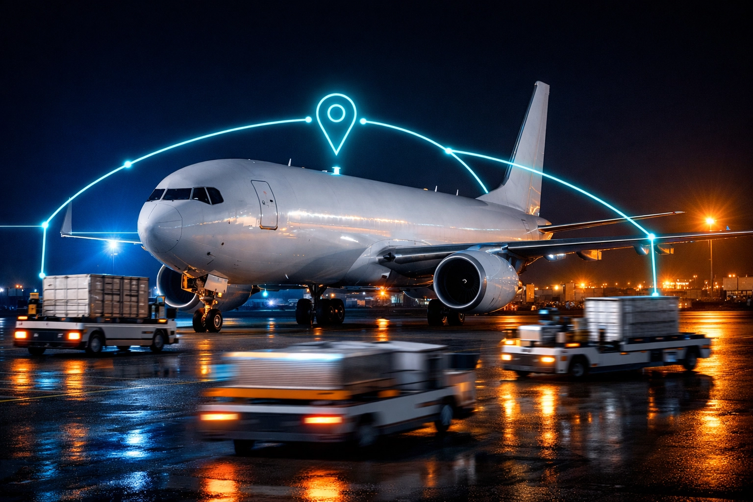 Modern automated cargo aircraft and ground equipment on a runway highlighting efficient air freight logistics.