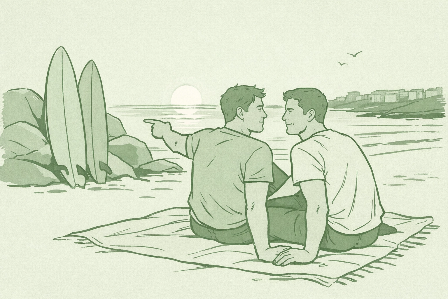 Step-brothers in intimate beach conversation at sunset - forbidden MM romance Bondi Beach