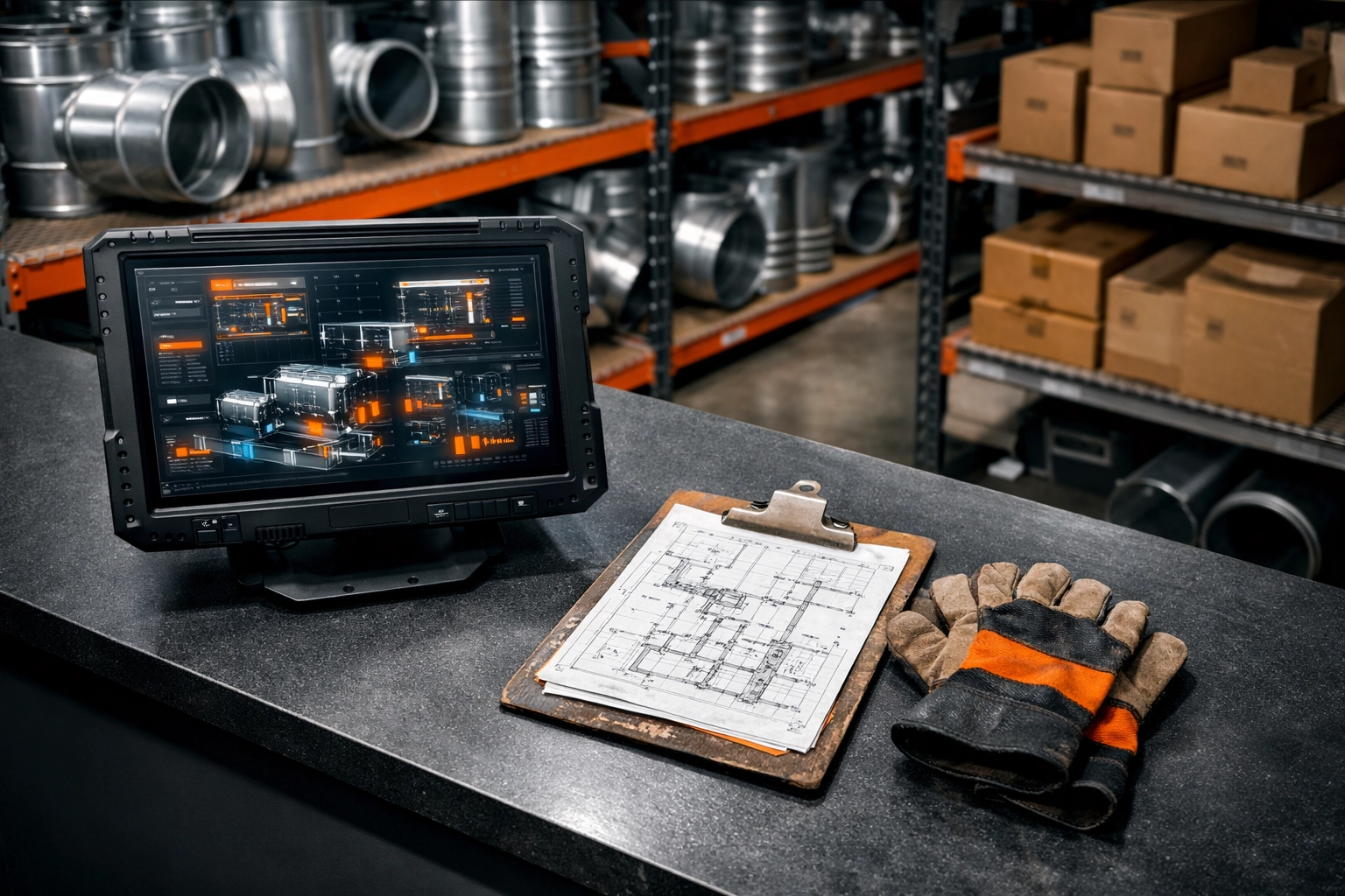 Close-up of an HVAC distribution supply counter with inventory data on a monitor and warehouse storage.