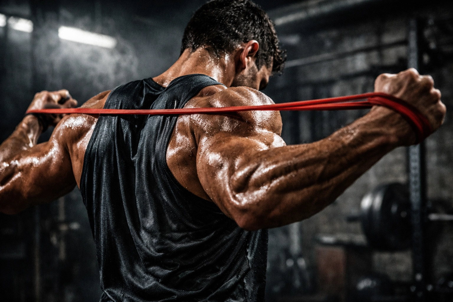 Muscular athlete performing resistance training warm-up with bands in a home gym.