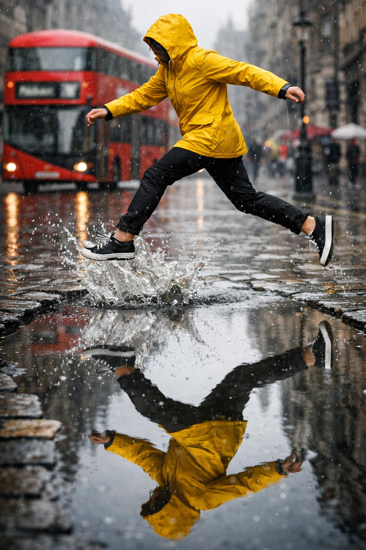 A sharp action shot of a person jumping over a puddle, illustrating the decisive moment in street photography.