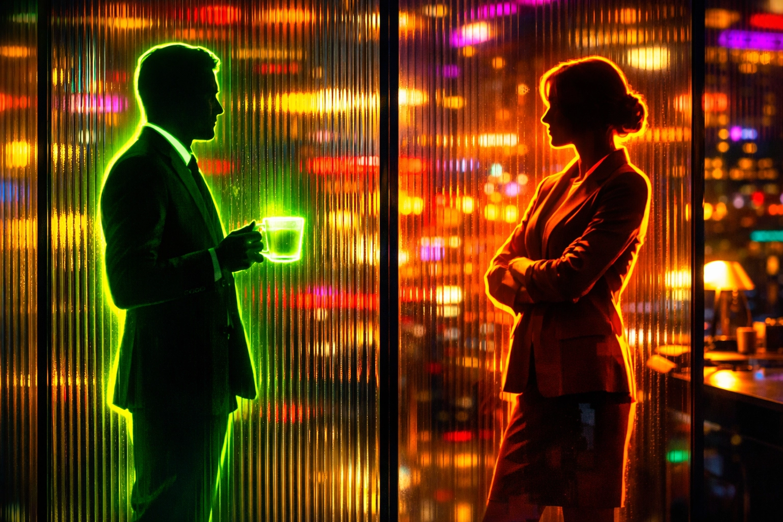 Silhouettes of professionals behind a glass partition representing workplace gossip and secrets.