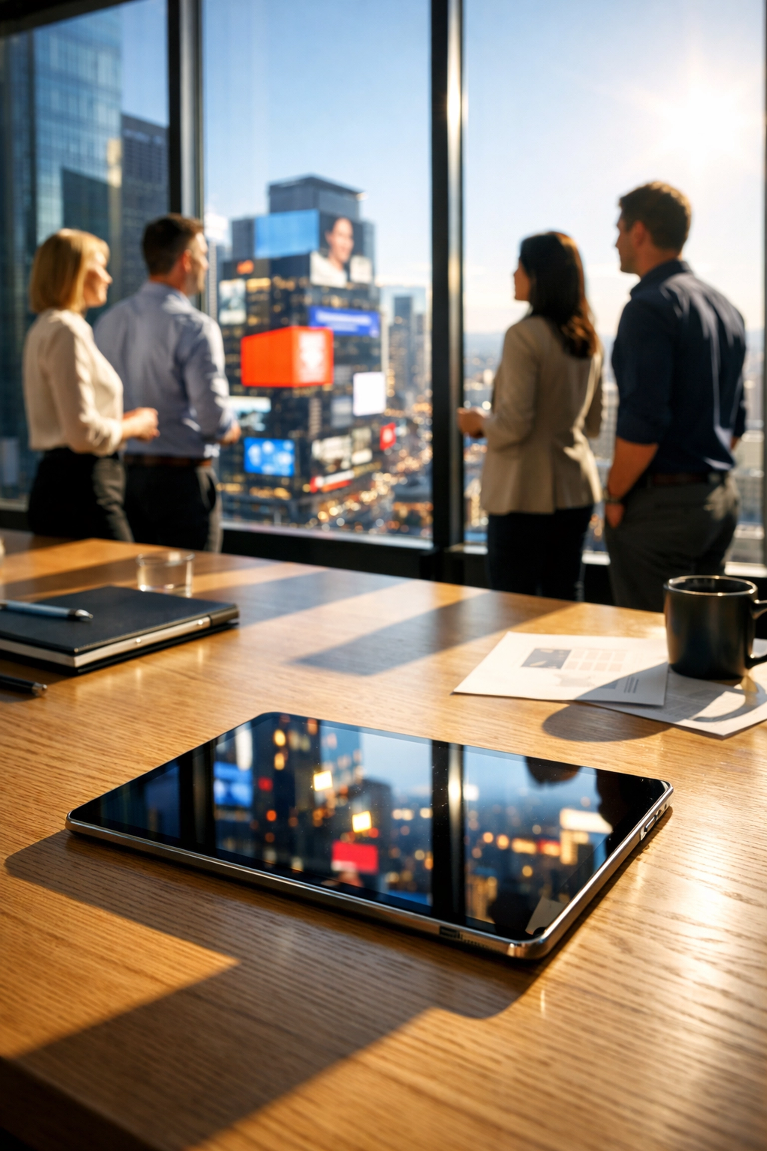 Marketing experts discussing OOH strategy and omnichannel campaigns in a high-rise city office.