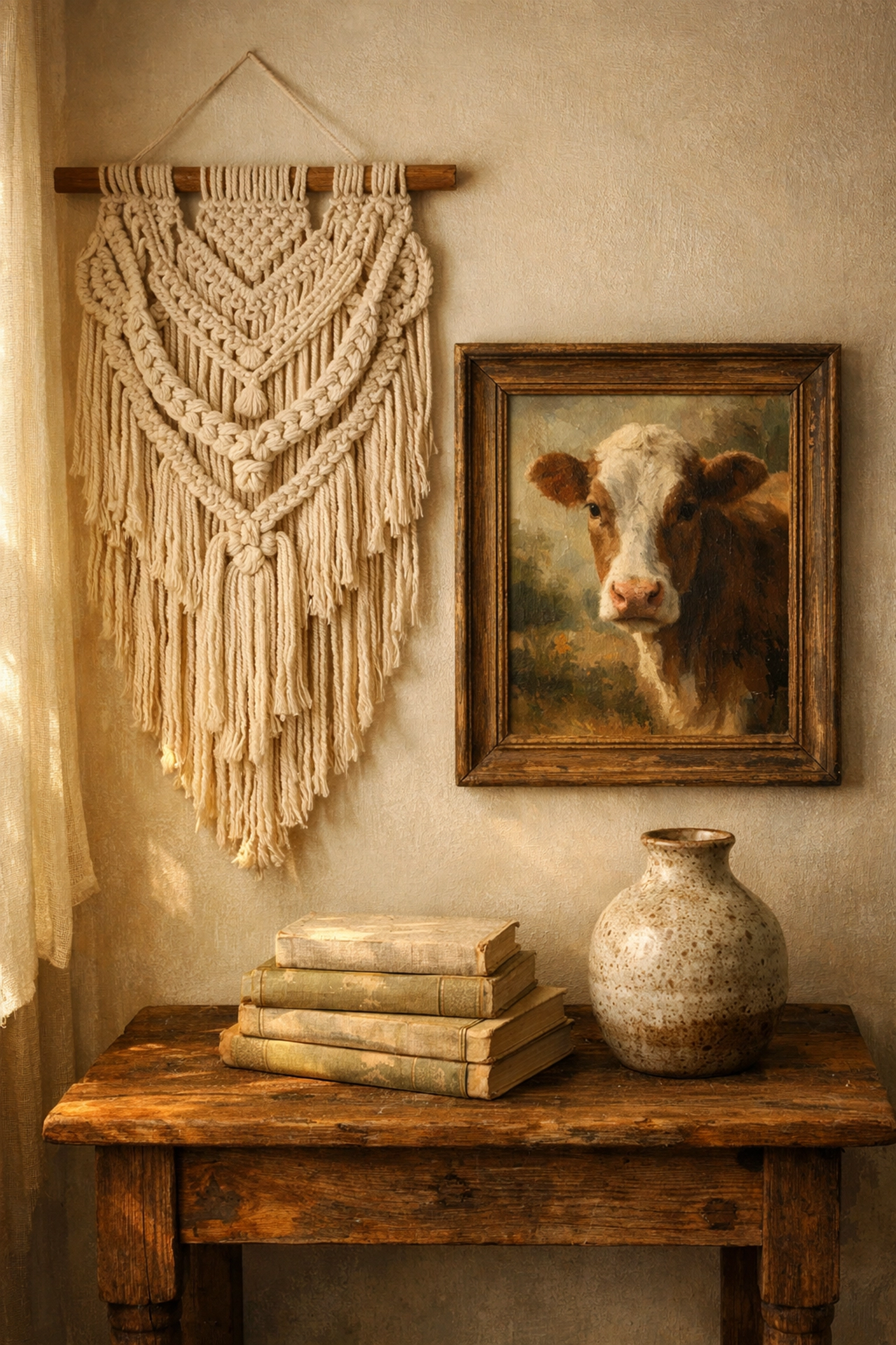 Handcrafted home decor gallery wall with macramé hanging and artisan cow painting in a cozy nook.
