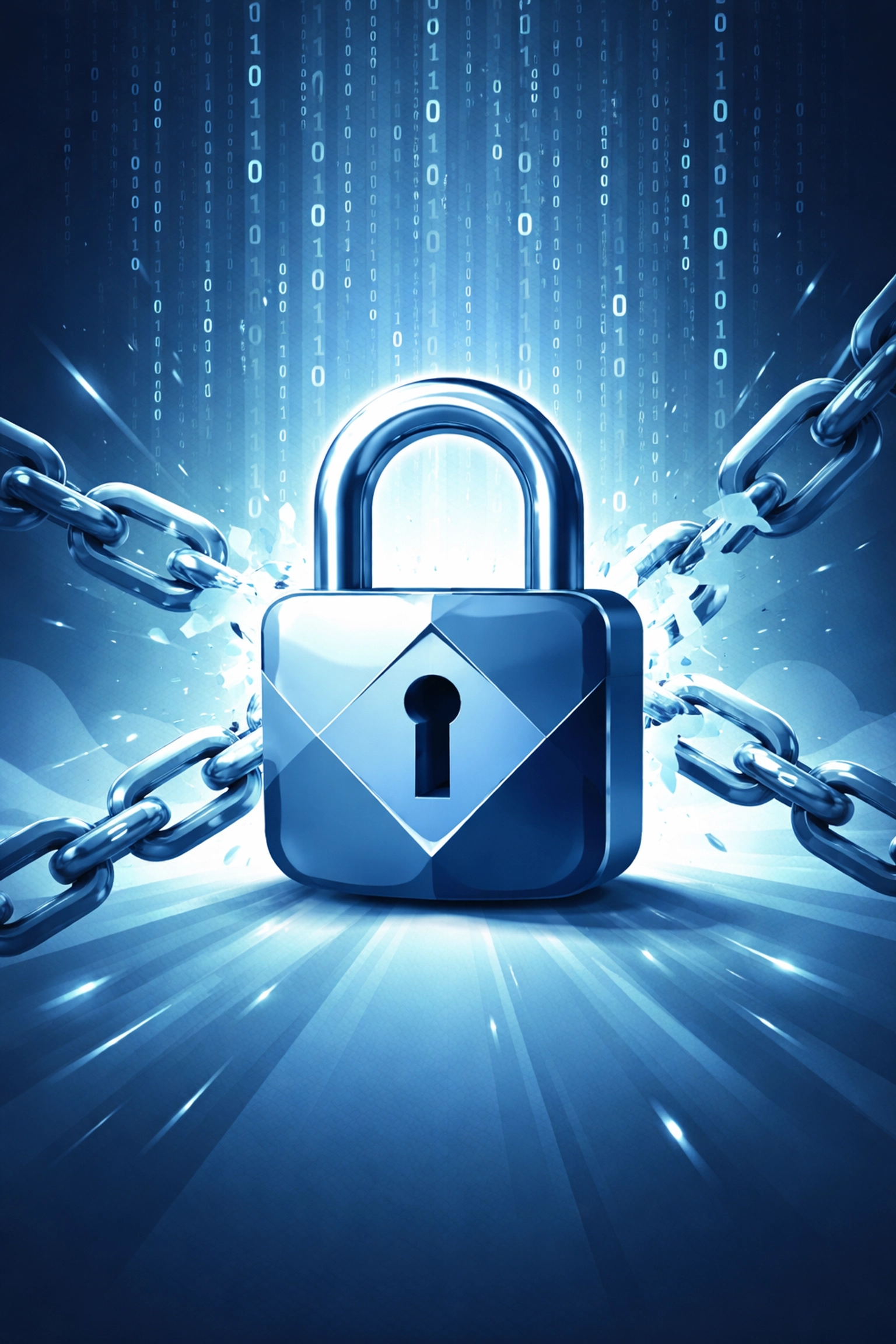 Illustration of a strong padlock with broken chains, symbolizing ransomware protection and data security