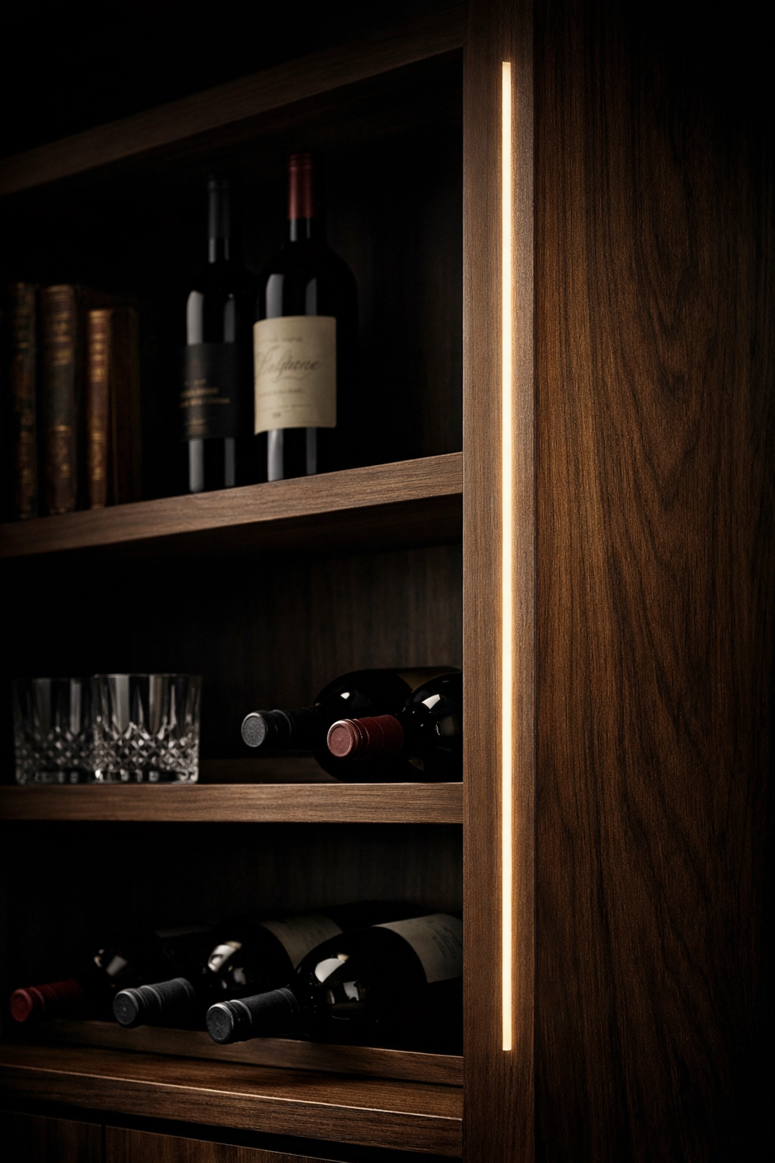 Éclairage LED vertical encastré dans un meuble en bois sur mesure pour un effet architectural.