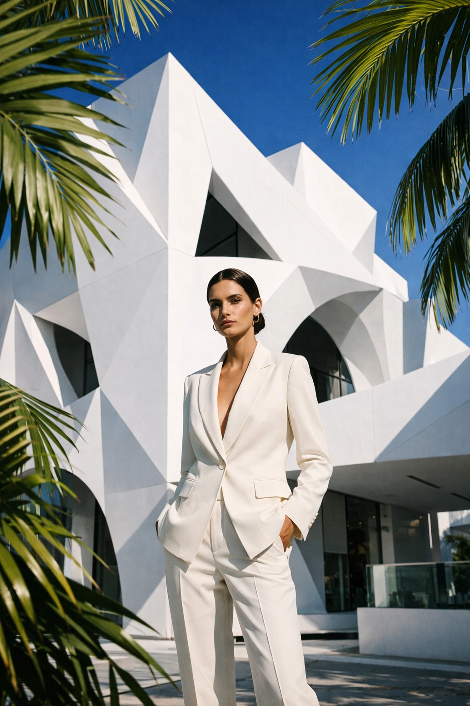 Commercial brand photography shoot in the Miami Design District featuring a model in front of modern architecture.