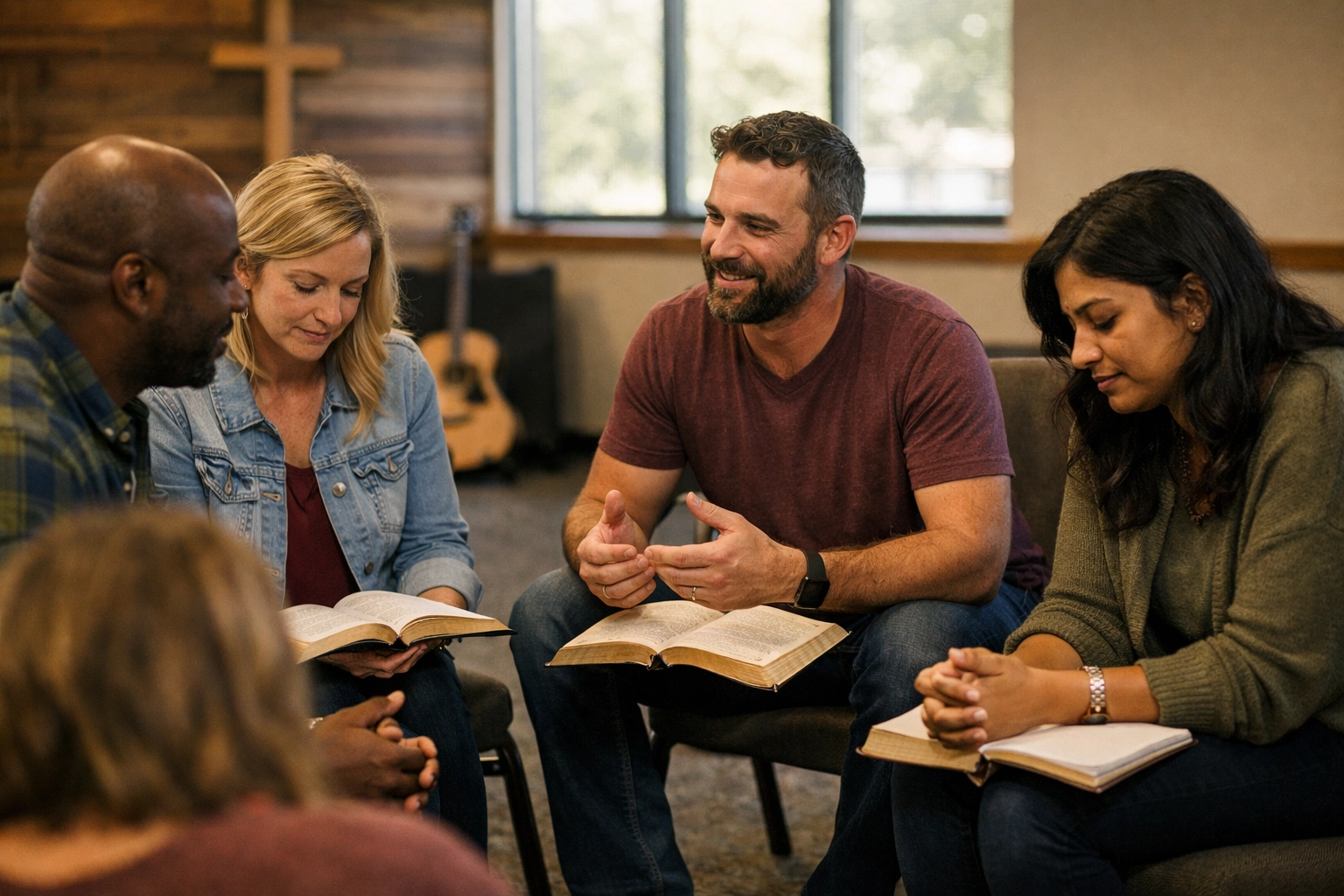Small group discussing Bible and discipleship in church community room