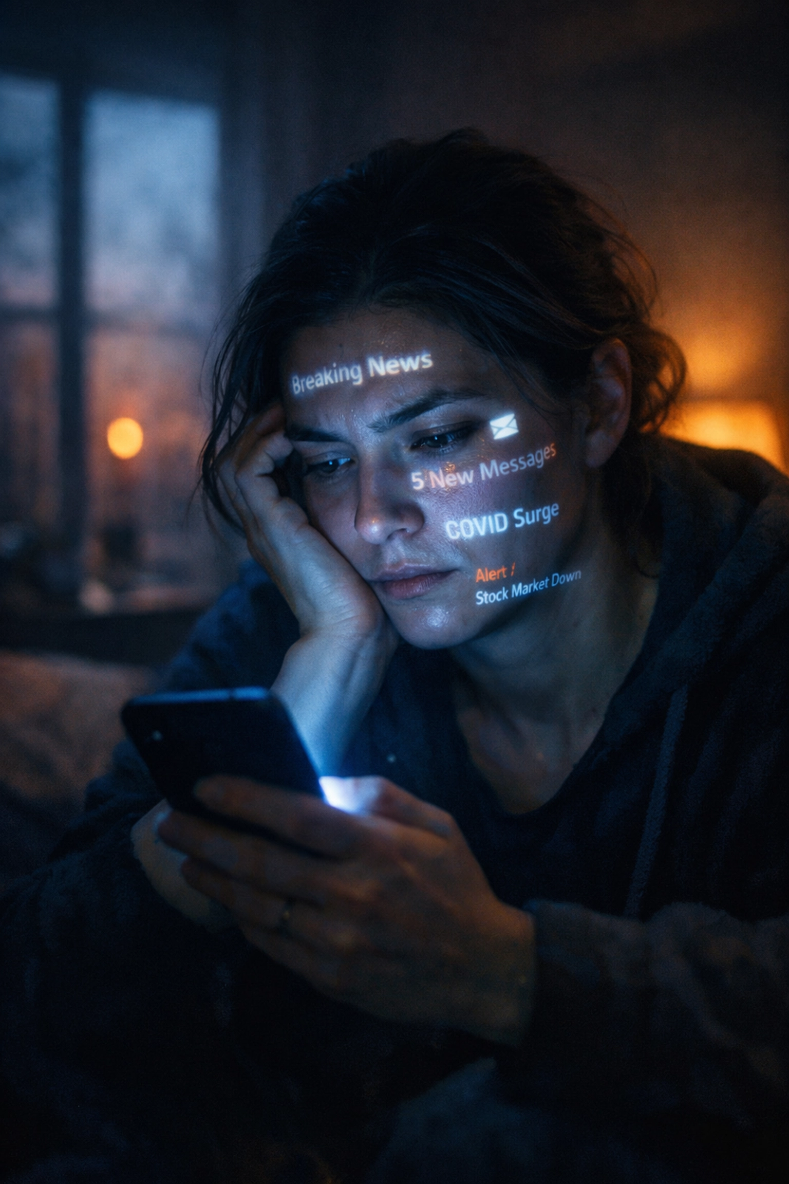 Person overwhelmed by phone notifications and news in dark room showing news anxiety