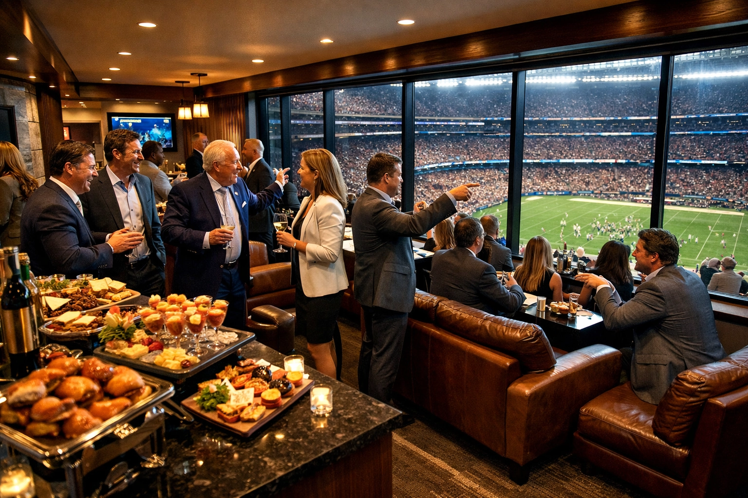 The Executive's Guide to Super Bowl Brand Activation: Turning Game Day Into Your Biggest ROI Win Luxury VIP hospitality suite with executives networking during Super Bowl game day