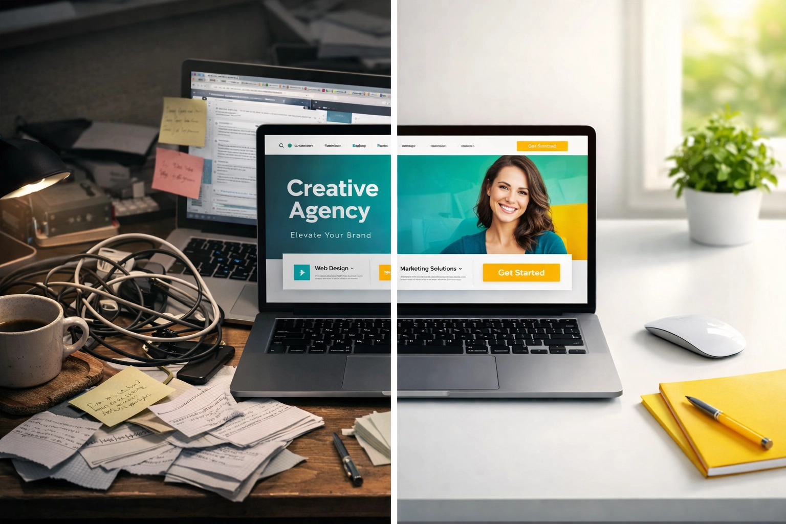 Comparison of cluttered DIY website workspace versus organized professional web design